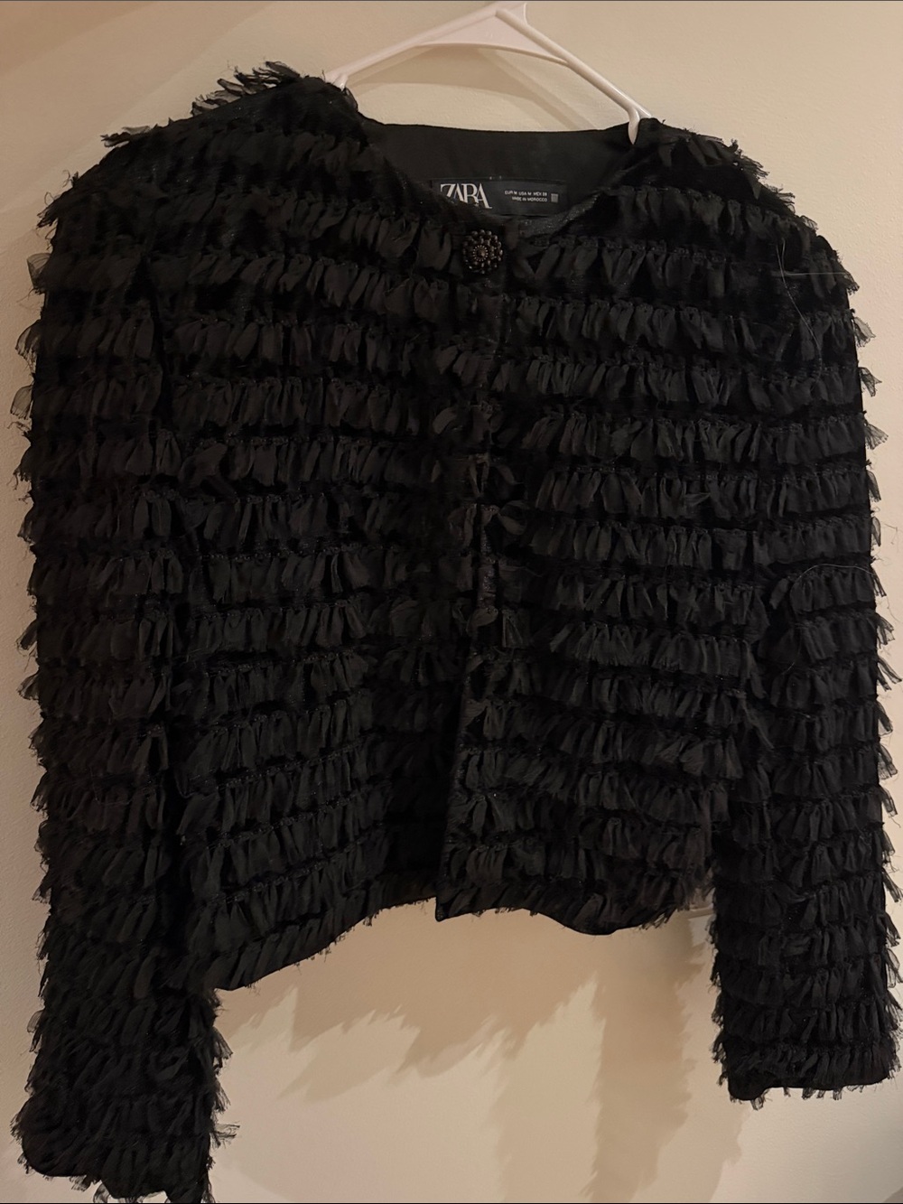 Zara Black Ruffled Textured Cropped Jacket